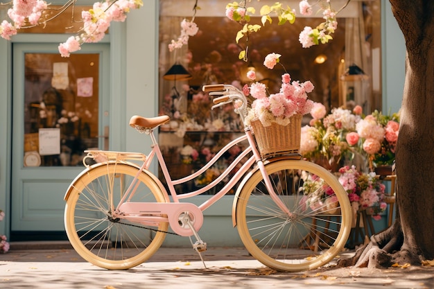 Bicicleta con una cesta de flores, una cafetería, escaparate de cafetería con un árbol en flor rosa