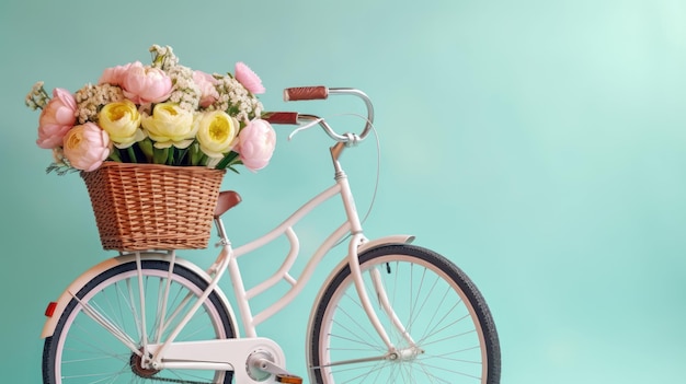 Una bicicleta con una cesta llena de flores.