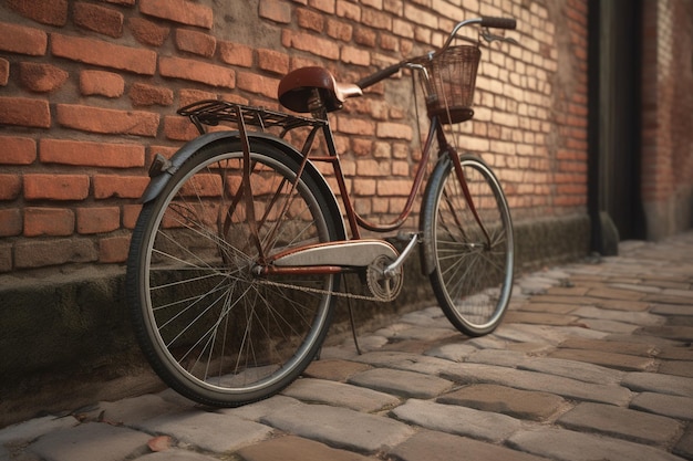 Una bicicleta con una cesta en la parte delantera se apoya contra una pared de ladrillos.