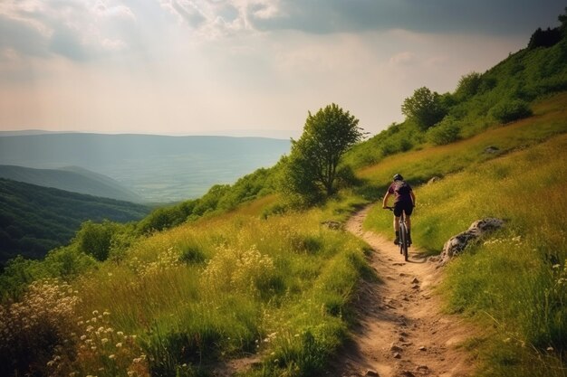 Bicicleta con ciclista al atardecer en una carretera de montaña Afición deportiva saludable activa generada por la IA