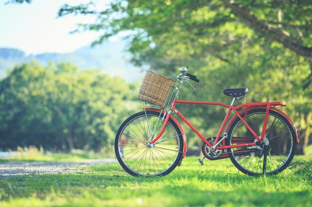 Bicicleta clásica roja del estilo de Japón en el parque, efecto del filtro de la vendimia