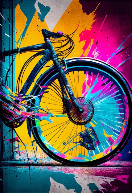 Bicicleta de colores brillantes estacionada contra una pared colorida con ai generativo de graffiti