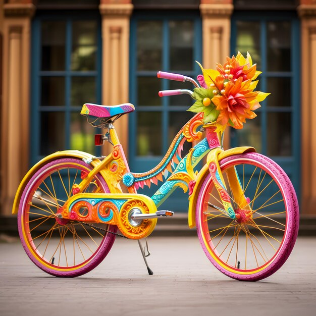 Foto bicicleta de colores brillantes con flores en la rueda delantera ia generativa