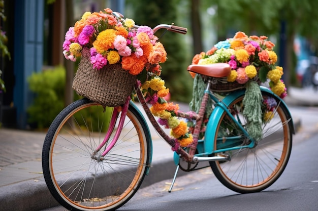 Una bicicleta colorida con una canasta de flores.