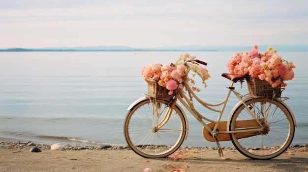 Foto bicicleta com flores na praia