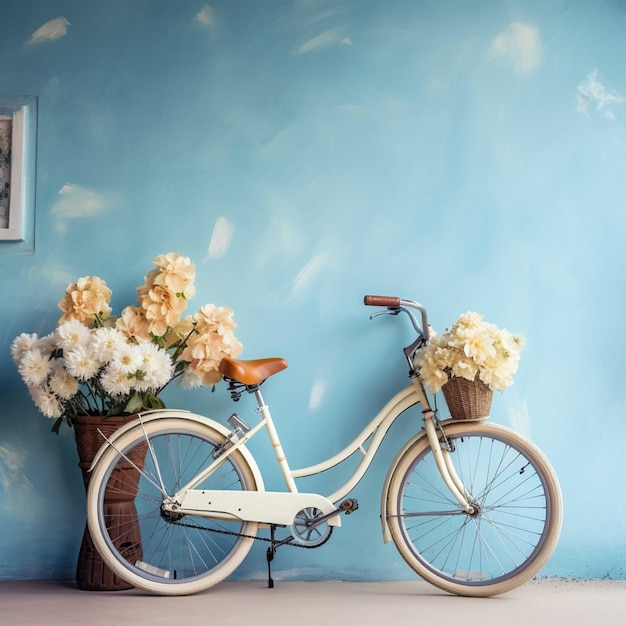 Bicicleta com prancha de surf em fundo de parede azul renderização 3d
