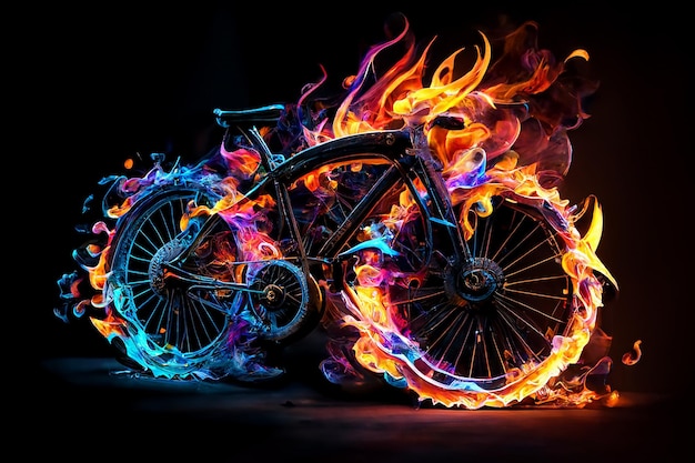 Bicicleta com rodas em chamas renderização 3D