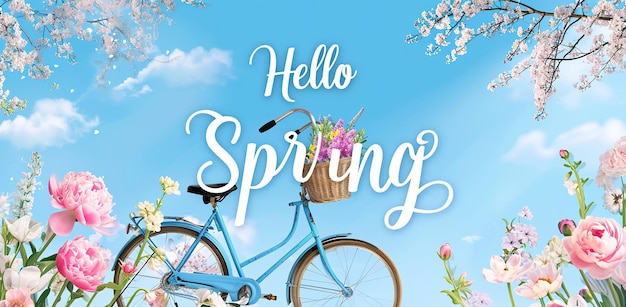 Bicicleta com uma cesta cheia de flores contra um fundo de céu de primavera