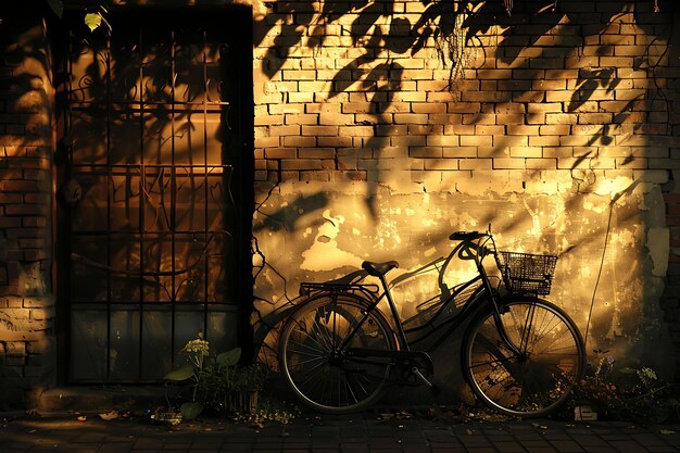 Bicicleta como silueta Sombra de puerta de hierro echada en la pared Fotografía creativa intrincada de fondo elegante
