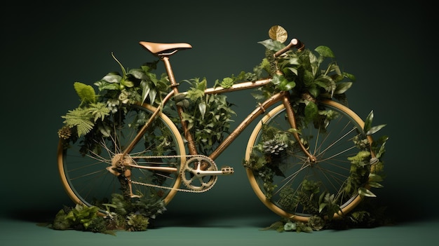Bicicleta cubierta de plantas verdes red neuronal ai generada