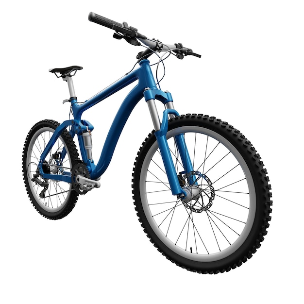 Bicicleta de montanha azul em uma renderização 3d de fundo branco isolado