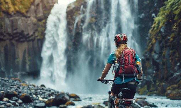 Foto bicicleta de montanha ciclista passando e parar para olhar uma bela cachoeira na floresta