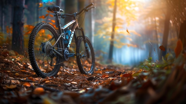 Bicicleta de montanha na névoa da floresta de outono ao nascer do sol