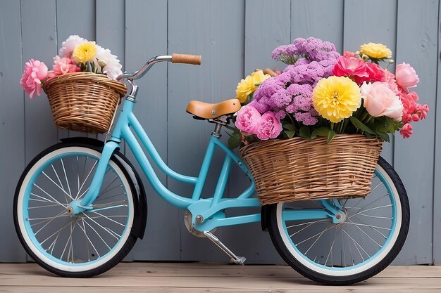 Bicicleta de perto com flores no cesto