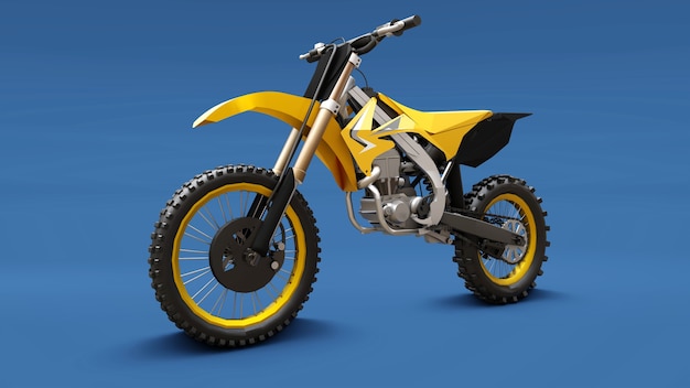 Bicicleta deportiva amarilla para cross-country sobre fondo azul. Racing Sportbike. Moderna moto de cross de motocross de supercross. Representación 3D.