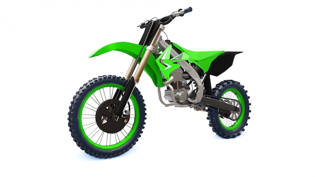 Bicicleta deportiva verde y negra para campo traviesa sobre un fondo blanco. Racing Sportbike. Bicicleta de motocross moderna Supercross Dirt