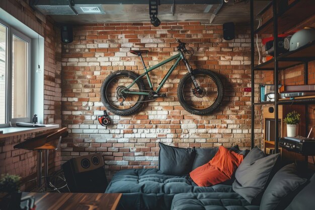 Foto bicicleta desportiva pendurada na parede no espaço funcional do apartamento