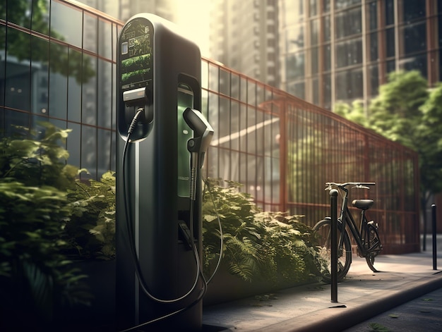 bicicleta eléctrica con cargador ev entorno ecológico generado ai