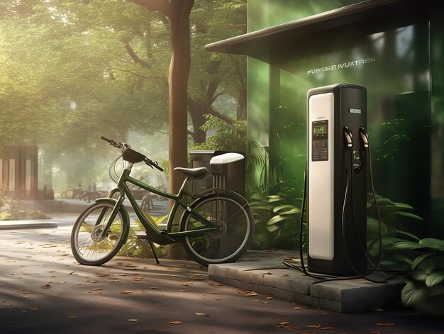 bicicleta elétrica com carregador ev ambiente ecológico gerado por ai