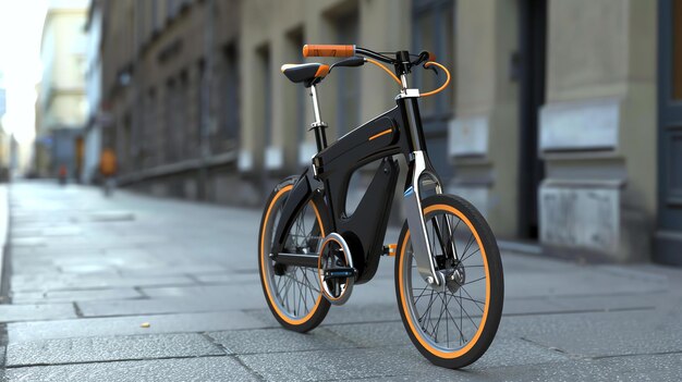 Bicicleta elétrica futurista estacionada na rua da cidade renderização 3D