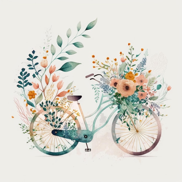 Bicicleta em aquarela com ilustração de flores AI Generative