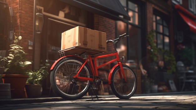 Bicicleta de entrega estacionada en la calle con paquetes de entrega