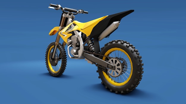 Bicicleta esporte amarela para cross-country em um fundo azul. Racing Sportbike. Bicicleta de sujeira de motocross supercross moderna. Renderização 3D.