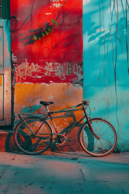 una bicicleta está apoyada contra una pared con una pancarta que dice la palabra cita en ella