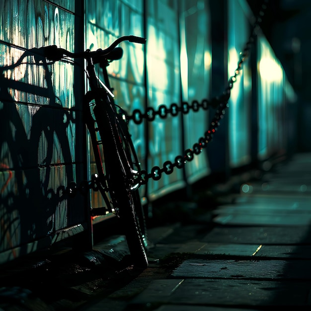 una bicicleta está encadenada a una pared con una cadena colgando de ella