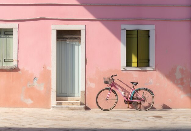 Una bicicleta está estacionada al lado de una casa de colores coloridos Ai generativo