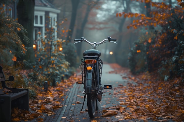 una bicicleta está estacionada en un camino en la caída