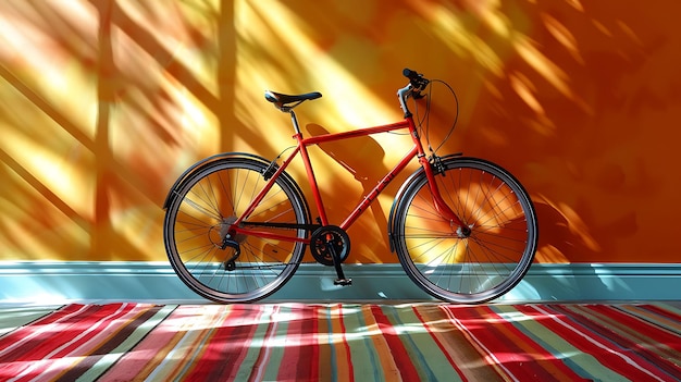 una bicicleta está estacionada contra una pared con un fondo colorido