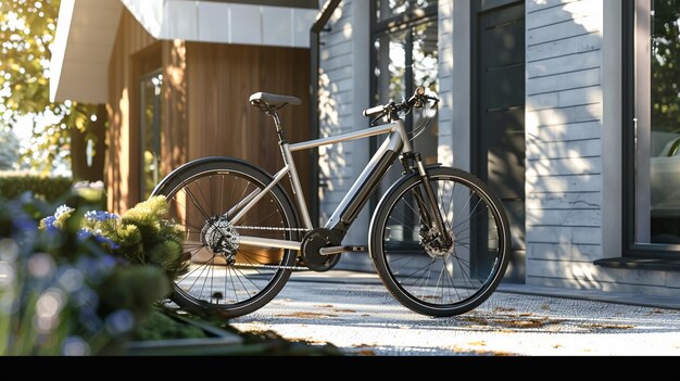 Una bicicleta está estacionada frente a una casa