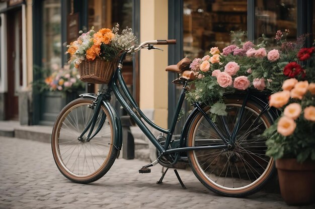 Una bicicleta está de pie en el lado de la carretera