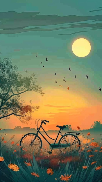 una bicicleta está en la puesta de sol con la luna en el fondo