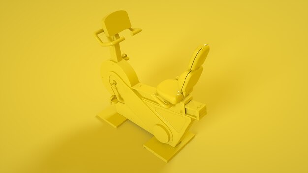 Bicicleta estática de fitness sobre fondo amarillo. Ilustración 3D.