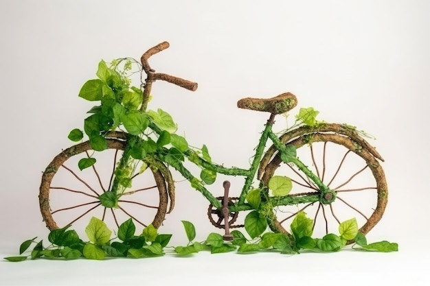 Bicicleta feita de plantas verdes naturais Transporte ecológico Generative AI