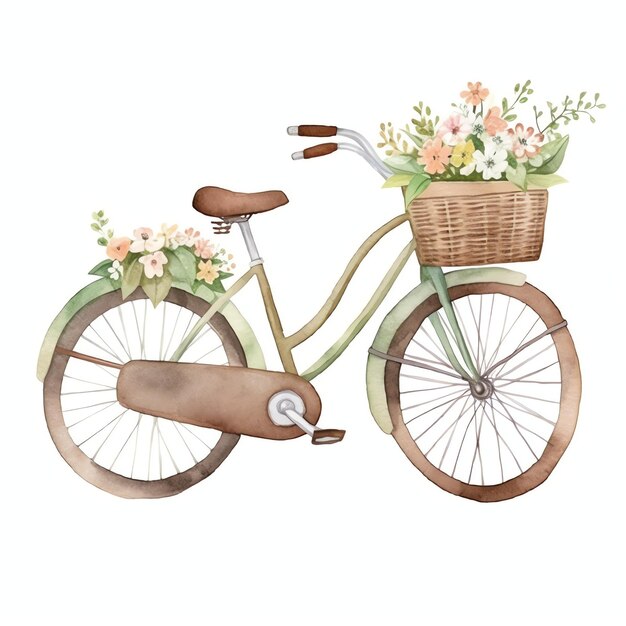 bicicleta con flores, accesorio de vida sencillo para el día de primavera o verano en hojas botánicas de color verde neutro