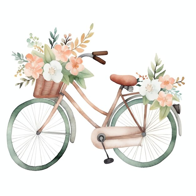 bicicleta con flores, accesorio de vida sencillo para el día de primavera o verano en hojas botánicas de color verde neutro