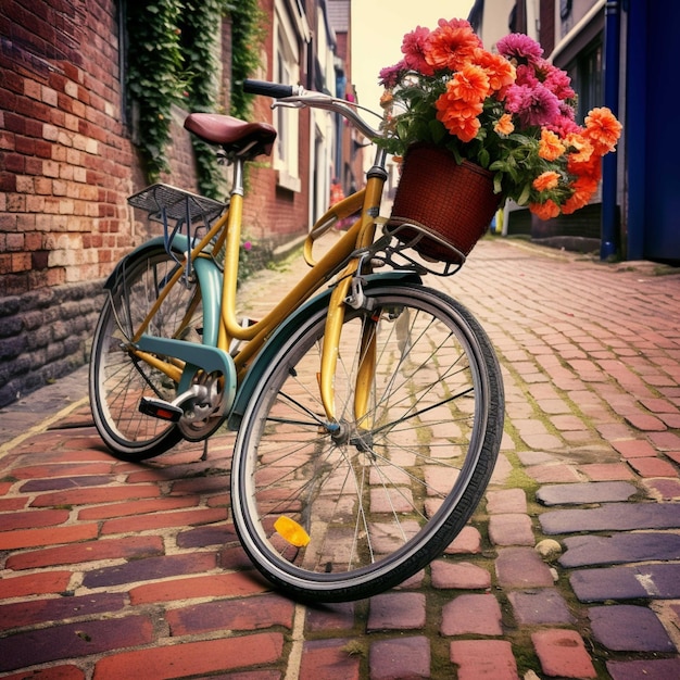 Bicicleta y flores en la acera del casco antiguo