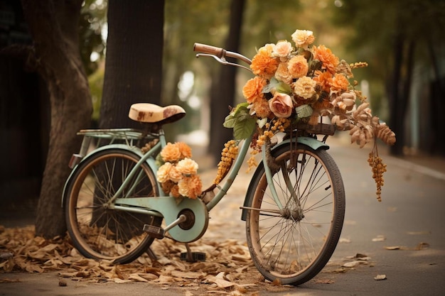 una bicicleta con flores y una chica caminando por el parque con una canasta de flores.