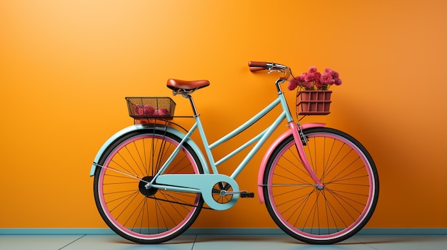 Foto bicicleta con flores coloridas en un fondo naranja