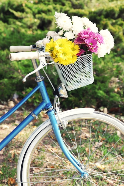 Bicicleta con flores en un primer plano de canasta de metal