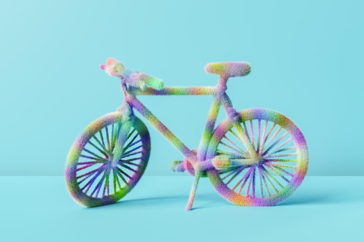 Bicicleta fofa no estúdio azul