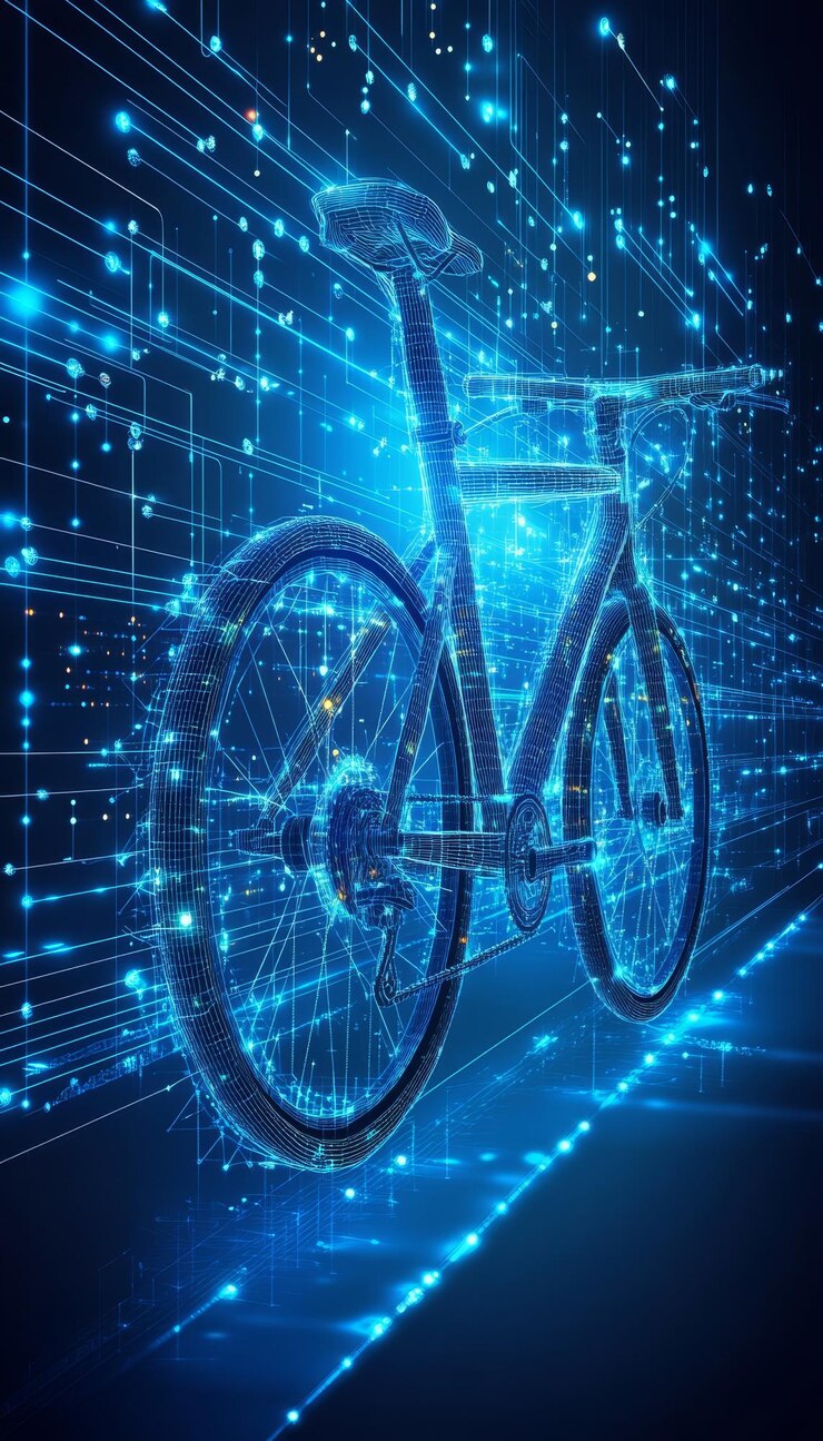 Foto bicicleta futurista em espaço digital abstrato com linhas brilhantes representando integração tecnológica