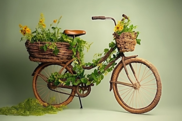 Bicicleta hecha de plantas verdes naturales Transporte ecológico IA generativa