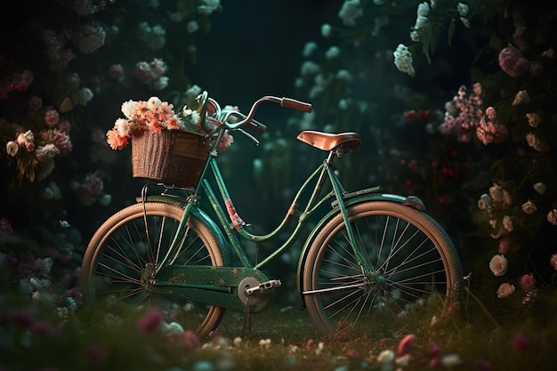 Bicicleta con hermosa cesta de flores sobre fondo vintage Ai generativo