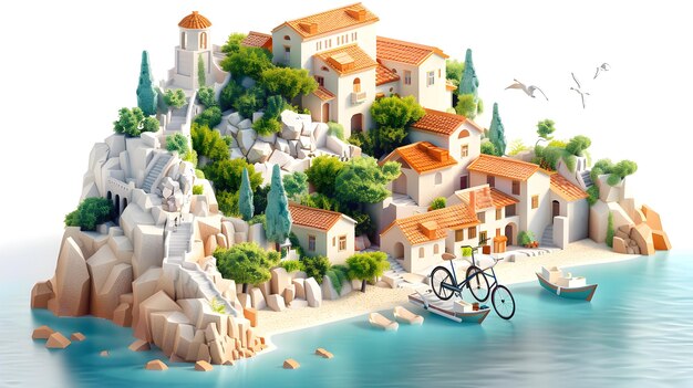 Bicicleta a lo largo de la costa croata 3D Flat Icon Un viaje impresionante a través de las ciudades costeras y Blu