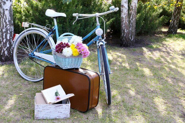Foto bicicleta y maleta marrón con set de picnic en la sombra en el parque