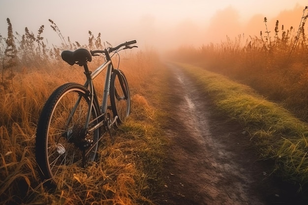 Una bicicleta en una mañana nublada con el sol brillando sobre la hierba.